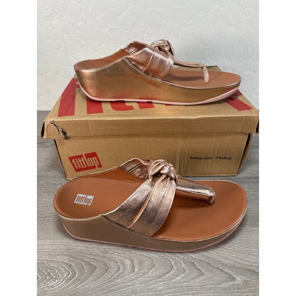 FITFLOP Twiss II Knot-Strap Leather Toe-Post Sandals Rose Gold Women’s Size 8.5 - Picture 1 of 8